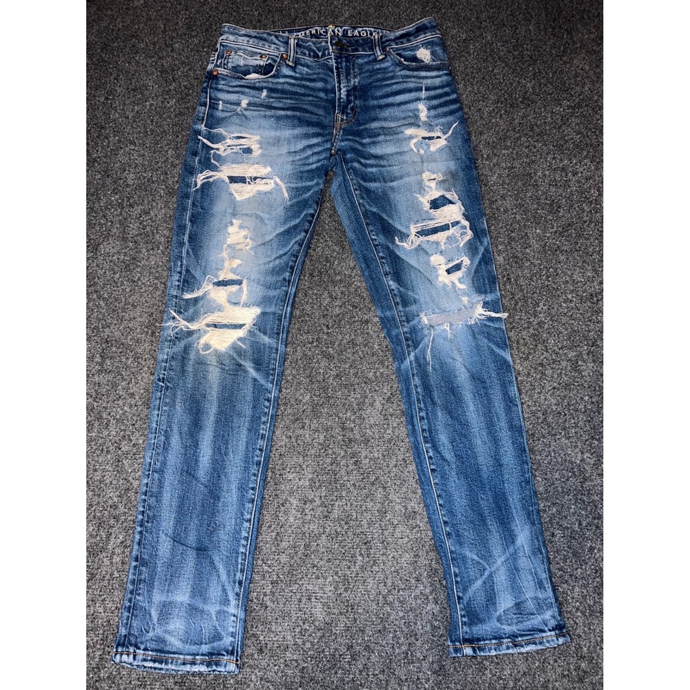 American Eagle Airflex+ Distressed Slim Jeans Blue 30x32 Mens Denim